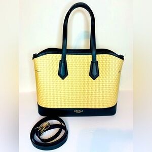 Unica Firenze Italian Rattan & Black Leather Tote Handbag NWOT!